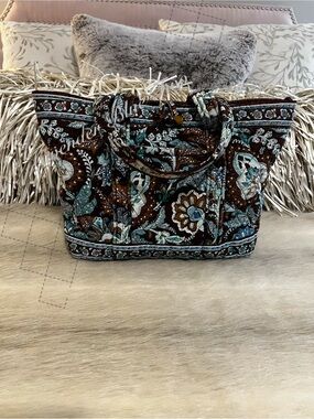 Vintage VERA BRADLEY Java Blue 2008 East West Toggle Tote Brown Y2K